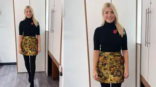 Holly Willoughby is wearing a gold skirt from Oasis