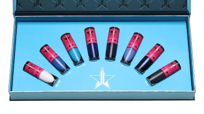 The eight mini liquid lipsticks come in a metallic blue gift box