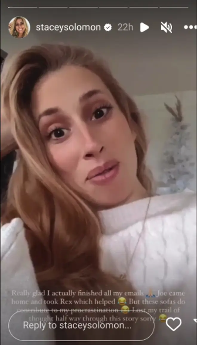 Stacey Solomon with a Christmas tree in the back of her shot