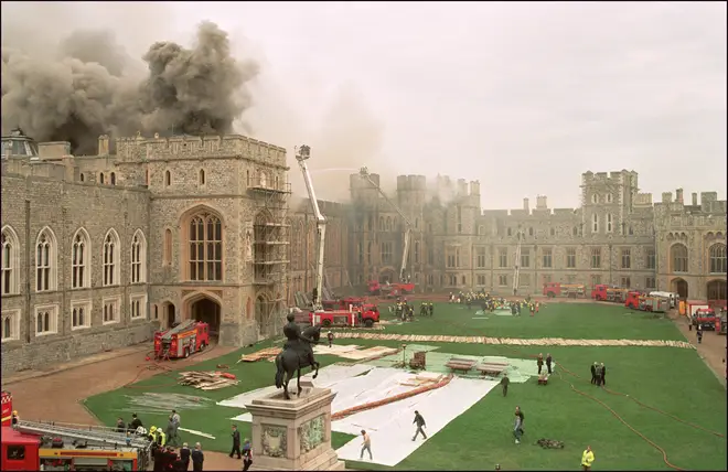 Firefighters battle the 1992 blaze at Windsor Castle.