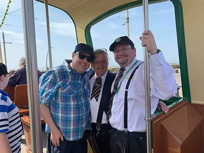 Peter Kay has been posing for pictures with fans on a tram in Blackpool