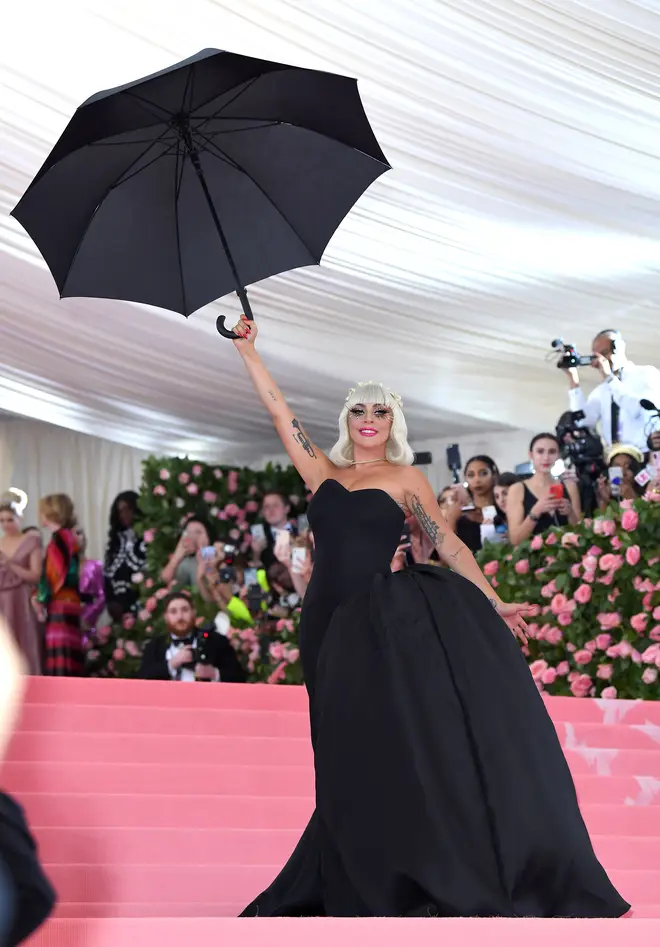 The second Gaga look was a strapless black dress
