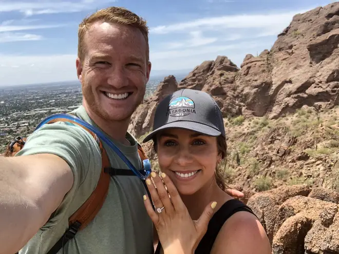Greg Rutherford and Susie Verrill get engaged on Camelback Mountain in Arizona.