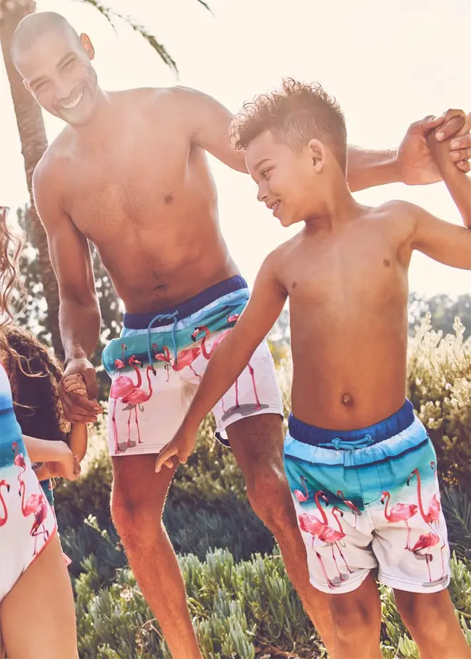 There are matching flamingo trunks for dads and their kids
