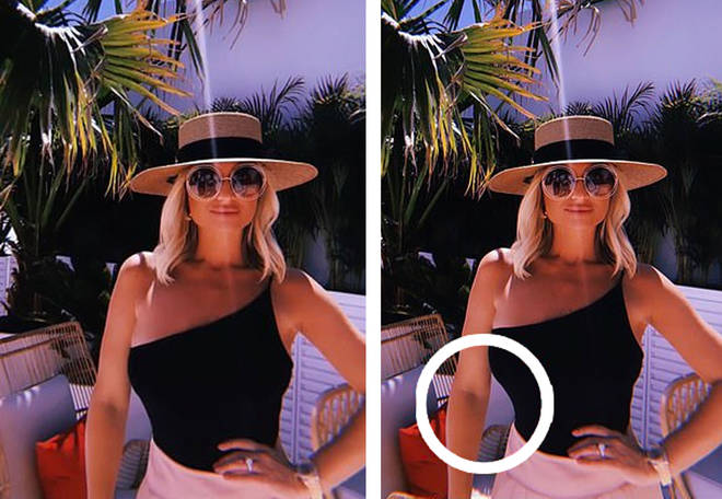 The picture on the left is the unedited version, with the image on the right displaying where Billie's waist was pulled in