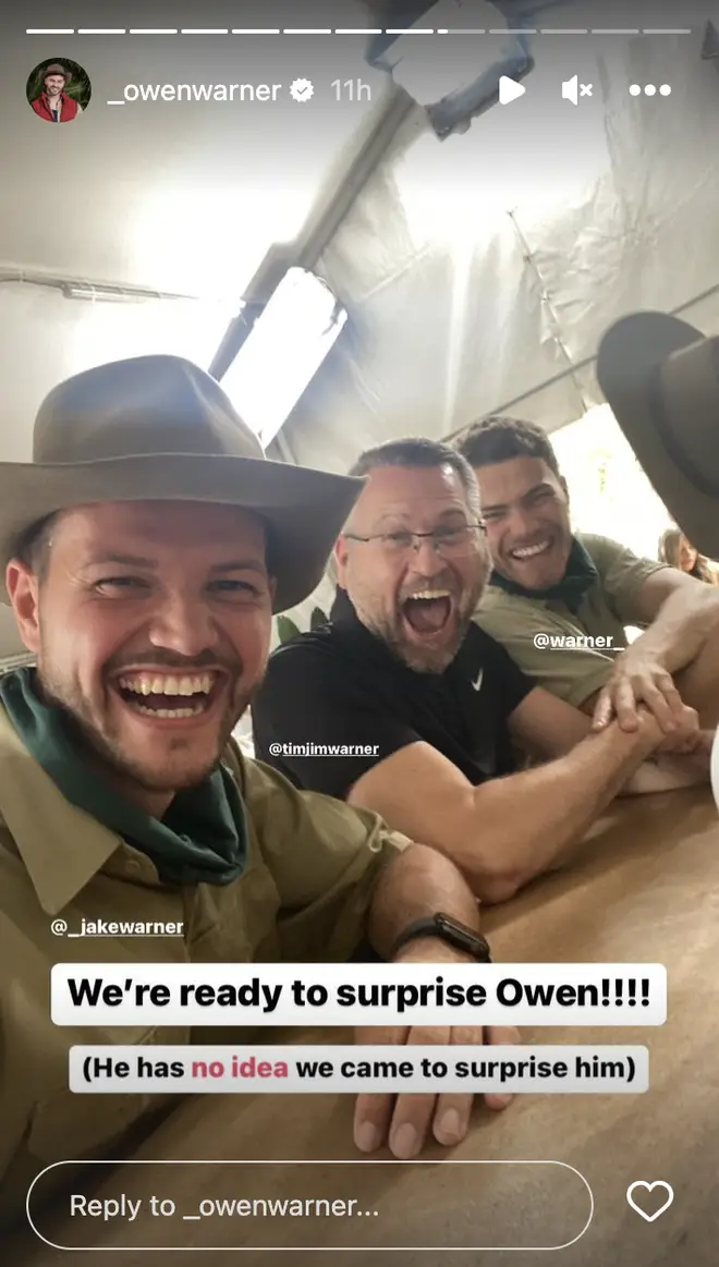 Owen Warner's brothers, Jake and Louie, dress as rangers as they prepare to surprise him after the I'm A Celebrity final