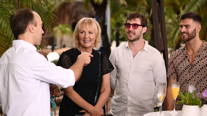 Matt Hancock chats to Sue Cleaver, Seann Walsh and Owen Warner during the I'm A Celebrity reunion