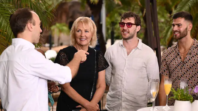 Matt Hancock chats to Sue Cleaver, Seann Walsh and Owen Warner during the I'm A Celebrity reunion at the Marriott hotel