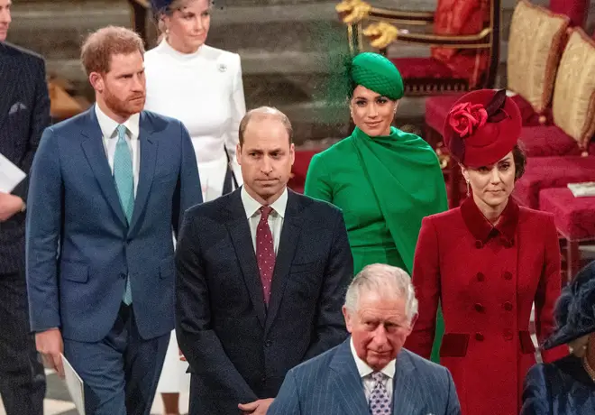 Prince Harry and Meghan Markle attend the Commonwealth Service in London in 2020 alongside the Prince and Princess of Wales and King Charles III