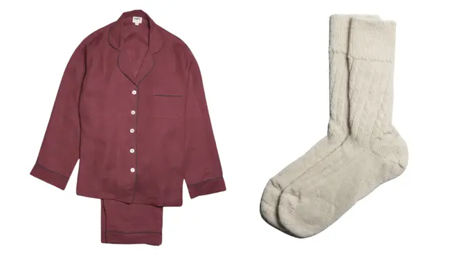 Cherry Linen Pyjama Trouser Set and Ecru Alpaca Bed Socks by Piglet in Bed
