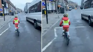A woman has shared a video of her son cycling in the road