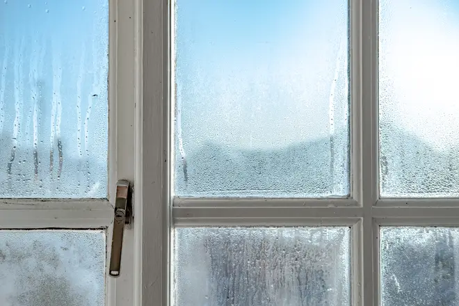Condensation forms on windows when warm air hits the cold pane, and can cause pools of water to form around the ledges