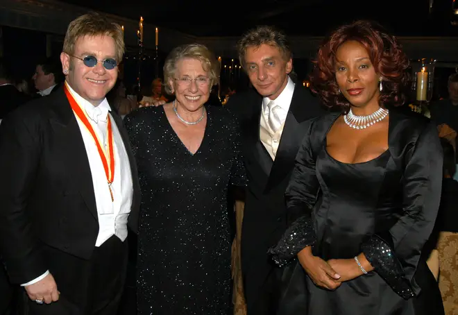 Sir Elton John with his mother Sheila Farebrother, and music pals Barry Manilow and Donna Summer