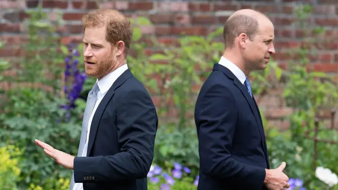 Prince Harry and Prince William at the unveiling of the Princess Diana statue at Kensington Palace in 2021