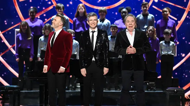 Gary Barlow, Gareth Malone and Andrew Lloyd Webber take to the stage of the Royal Variety Performance as they pay tribute to the Queen