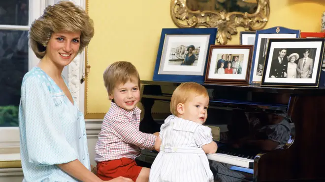 Princess Diana with Prince William and Prince Harry at Kensington Palace in 1985