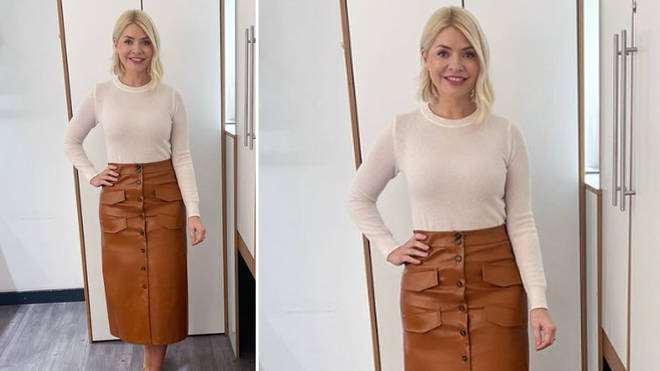Holly Willoughby is wearing a brown skirt