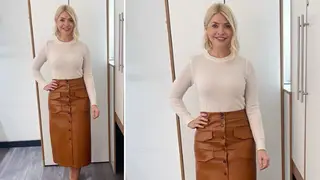 Holly Willoughby is wearing a brown skirt