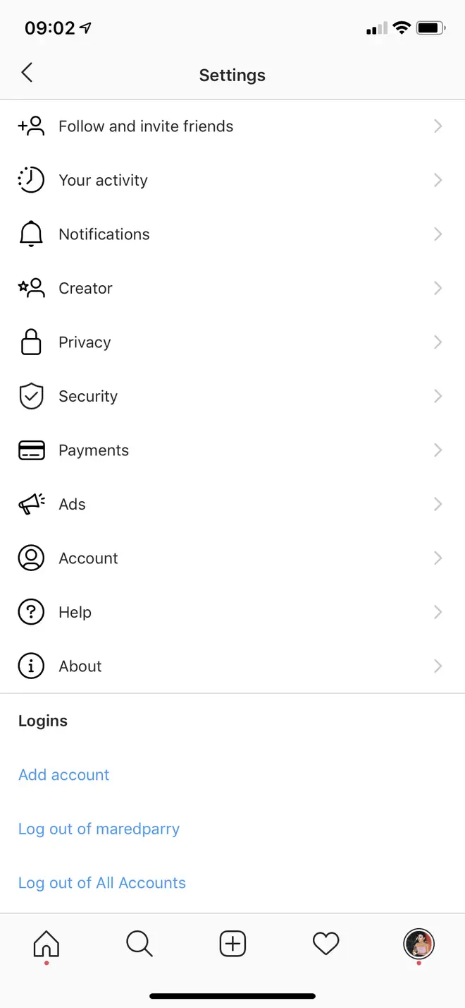 The settings menu has a number of options