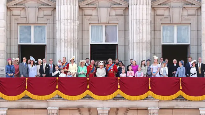 The Royal Family watch as the RAF fly-past shoots over Buckingham Palace during Trooping The Colour.