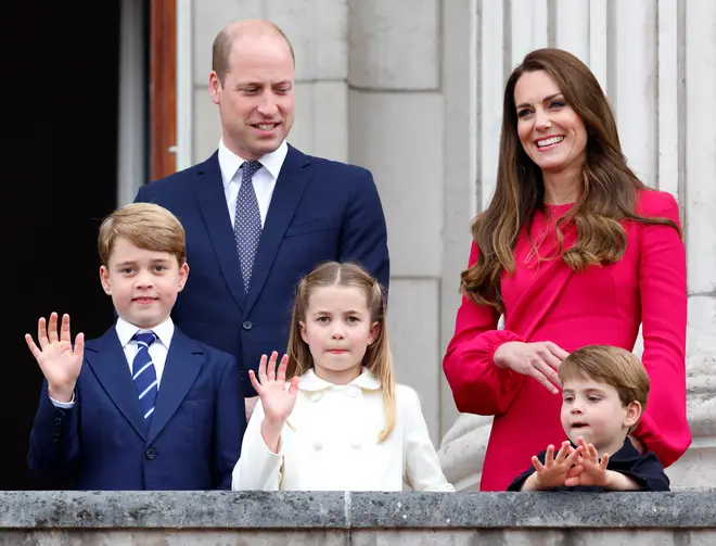 Prince William and Kate Middleton stand on the balcony of Buckingham Palace with their children Prince George, Princess Charlotte and Prince Louis during the Queen Elizabeth II Platinum Jubilee, 2022