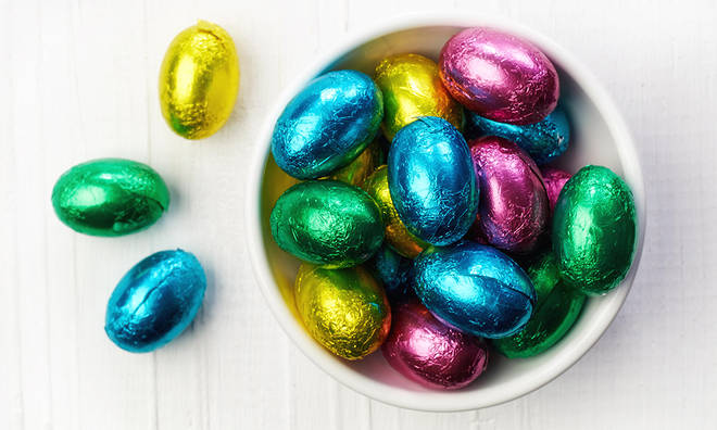 A bowl of colourful chocolate Easter eggs