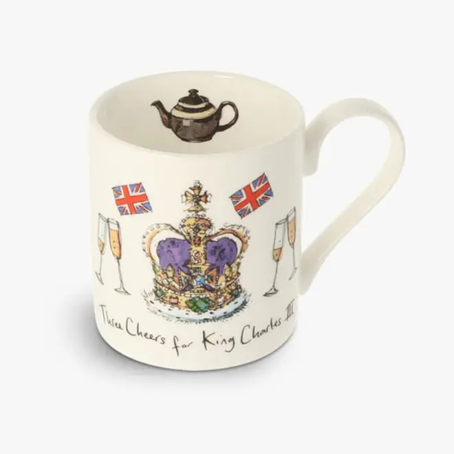 King Charles's crown and champagne glasses on coronation mug