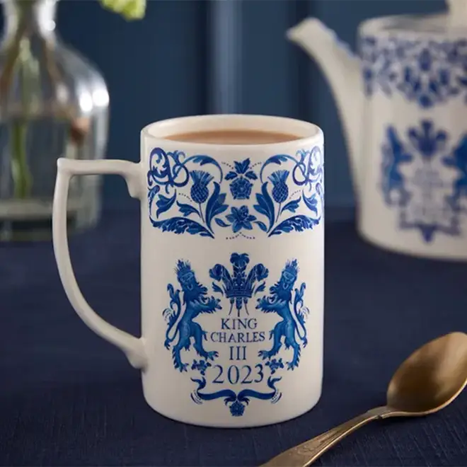 Blue and white afternoon tea mug for King Charles's Coronation