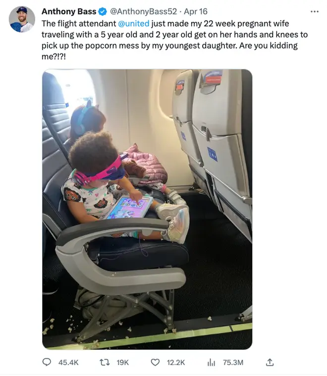 Anthony Bass took to Twitter to complain about the airline after he says his pregnant wife was made to clear up mess made by their children