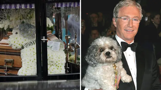 Paul O'Grady's coffin was accompanied with a floral arrangement in the shape of his late dog, Buster