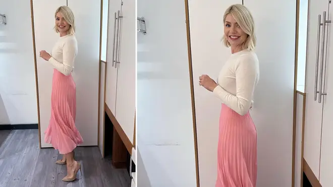 Holly Willoughby is wearing a pink skirt