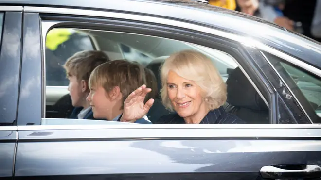 Queen Camilla is pictured leaving rehearsals for the Coronation at Westminster Abbey with some of her grandchildren