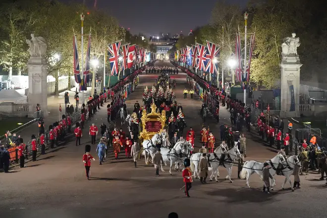 A night time rehearsal takes place on The Mall ahead of the King's Coronation