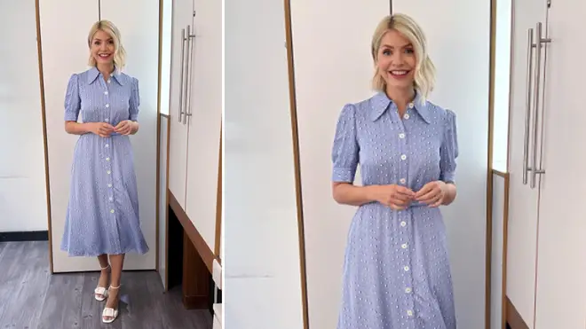 Holly Willoughby is wearing a blue midi dress