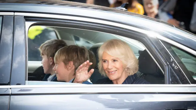 Queen Camilla leaves rehearsals for the Coronation at Westminster Abbey with her grandchildren