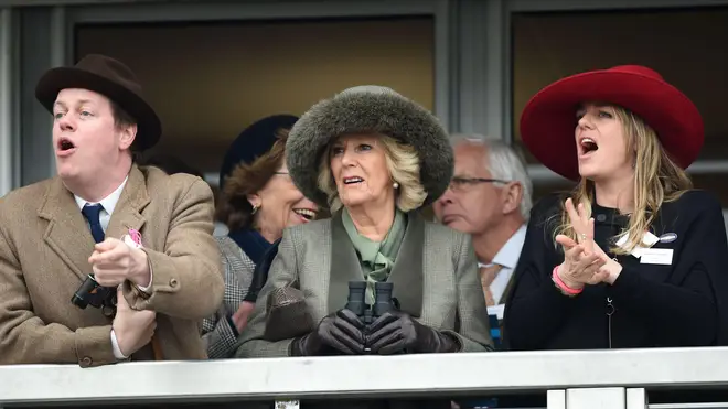 Queen Camilla with her son, Tom Parker Bowles, and daughter, Laura Lopes, at Cheltenham Festival