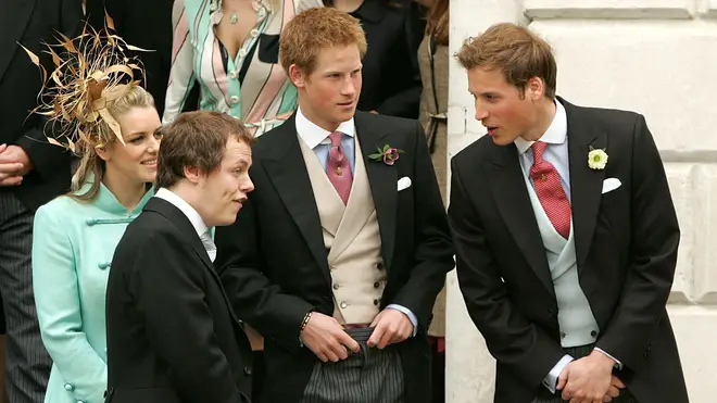 Laura Lopes and Tom Parker-Bowles chat to Prince William and Prince Harry following the wedding of King Charles and Queen Camilla, 2005