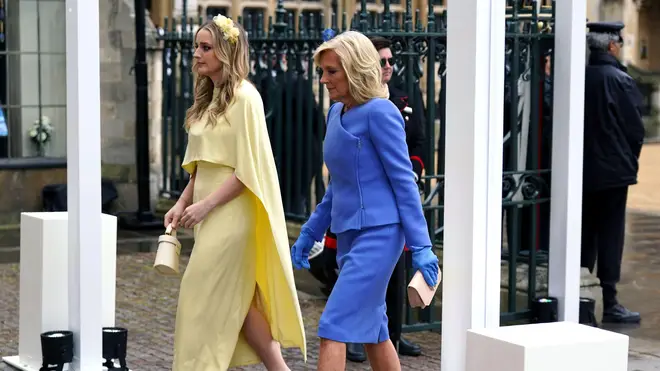 First Lady of the United States, Dr Jill Biden and her granddaughter Finnegan Biden arriving at Westminster Abbey