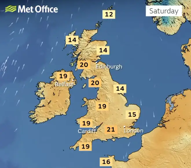 The Met Office forecast for the UK this weekend (Saturday)