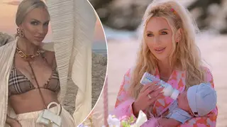 Christine Quinn modelling a Burberry bikini next to a picture from a Selling Sunset scene where she is feeding her baby on the beach