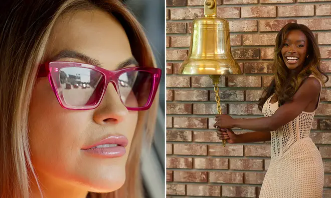 Selling Sunset's Chrishell Stause wearing pink sunglasses and Chelsea ringing the gold bell in the Oppenheim office