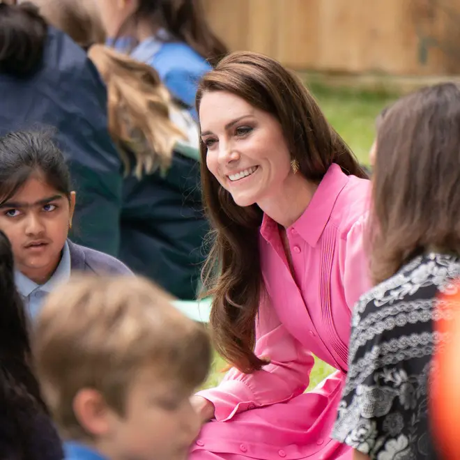The Princess of Wales with pupils from schools taking part in the first Children's Picnic at the RHS Chelsea Flower Show