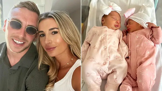 Dani Dyer with boyfriend Jarrod Bowen alongside a picture of their twin girls dressed in pink babygrows and bow hats
