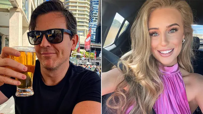 MAFS Australia's Josh White drinking a beer with his sunglasses on and Tayla Winter takes car sefie in pink dress