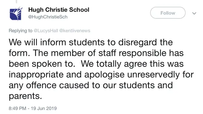 The school spoke out in response on Twitter and apologised