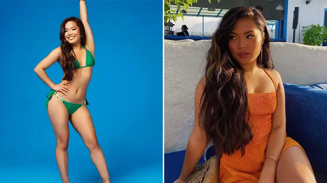 Ruchee Gurung posing in a green bikini for Love Island alongside her wearing an orange dress on holiday