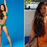 Ruchee Gurung posing in a green bikini for Love Island alongside her wearing an orange dress on holiday