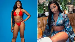 Love Island Catherine Agbaje star wearing a red bikini for promo video alongside her sitting in a restaurant wearing a print blue co-ord