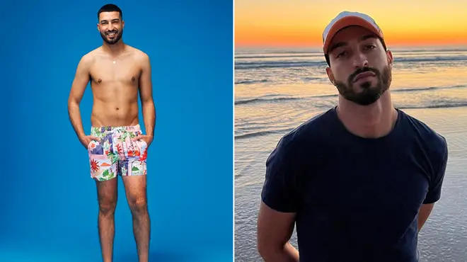 Love Island's Mehdi Edno wearing olourful swim trunks for his promo shot alongside a picture of him on the beach wearing a black t-shirt and cap