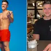 Love Island's Mitchel Taylor wearing red trunks plus a picture of him in a restaurant eating
